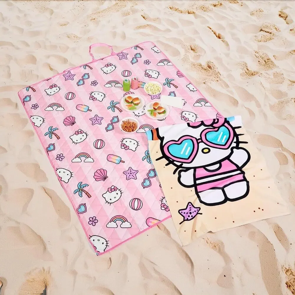 Hello Kitty Picnic Blanket Beach Towel Set Pink Foldable 2 Pc Summer NWT